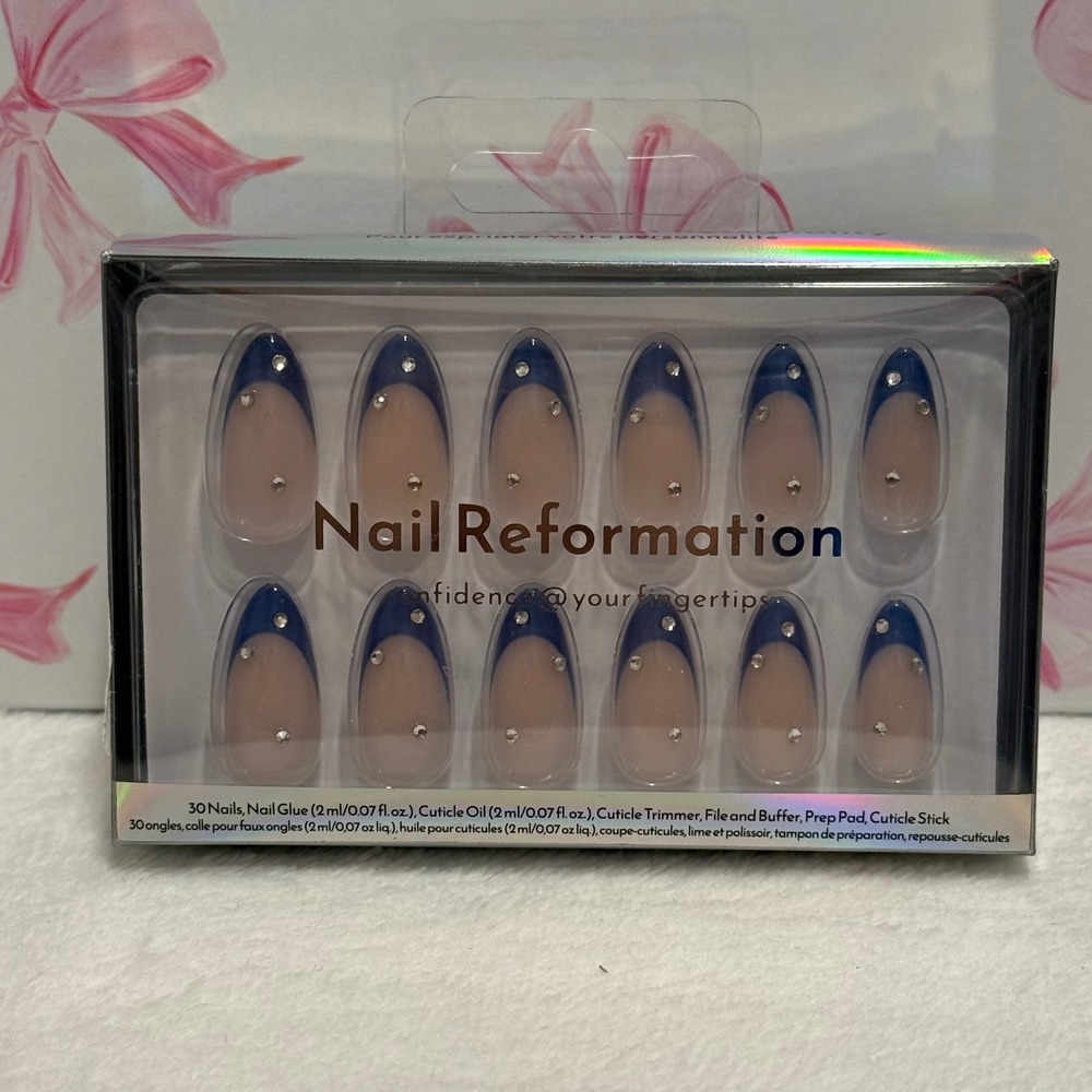 Nail Reformation Press On Nails Blue French‎ Manicure Rhinestone 30 pc